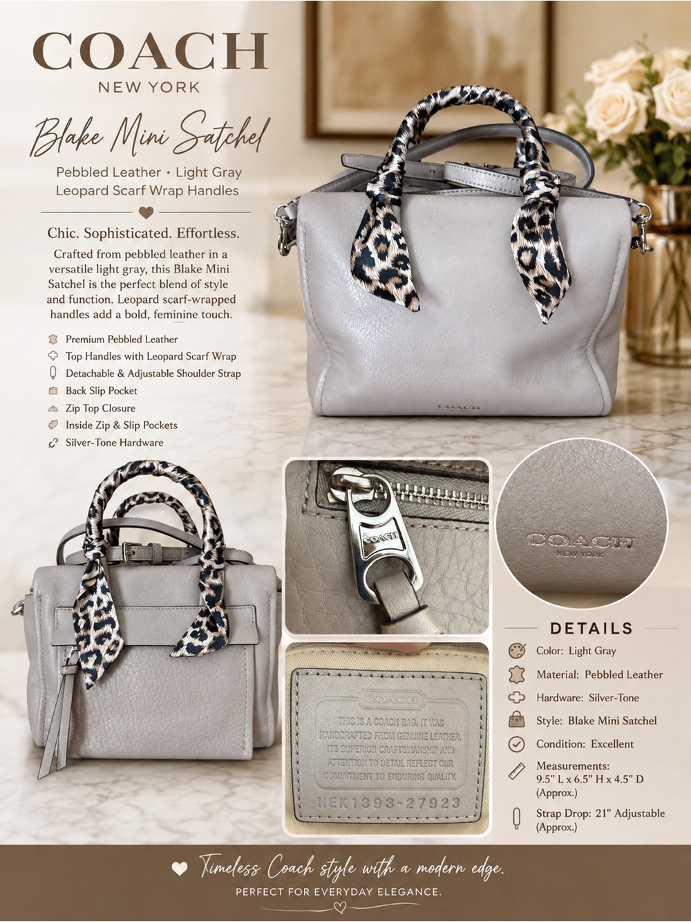 Coach Blake Mini Satchel xbody Pebbled Leather Light Gray
